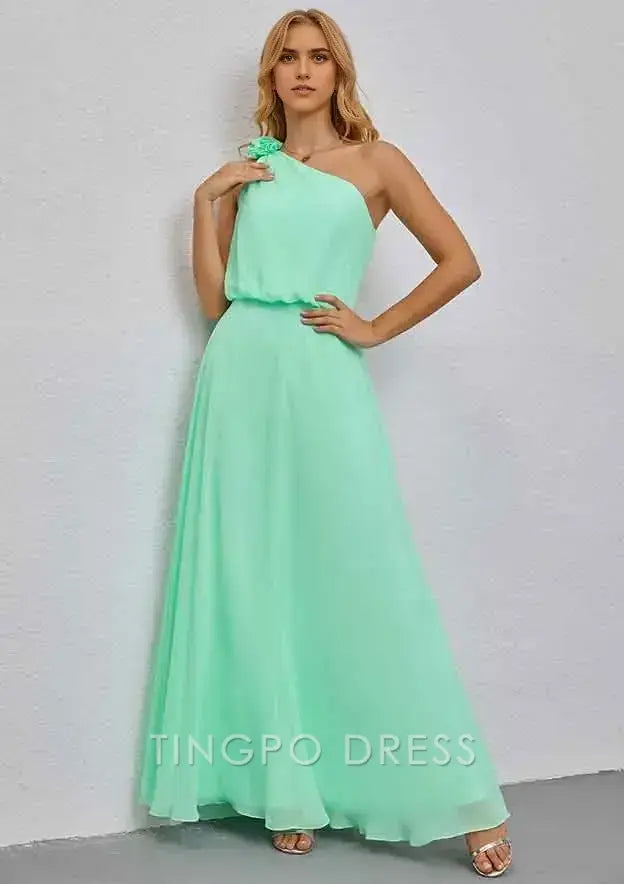 TingPo Wholesale Elegant A-line Empire One-Shoulder Long/Floor-Length Chiffon Bridesmaid Dress With Ruffles Shoulder Flower